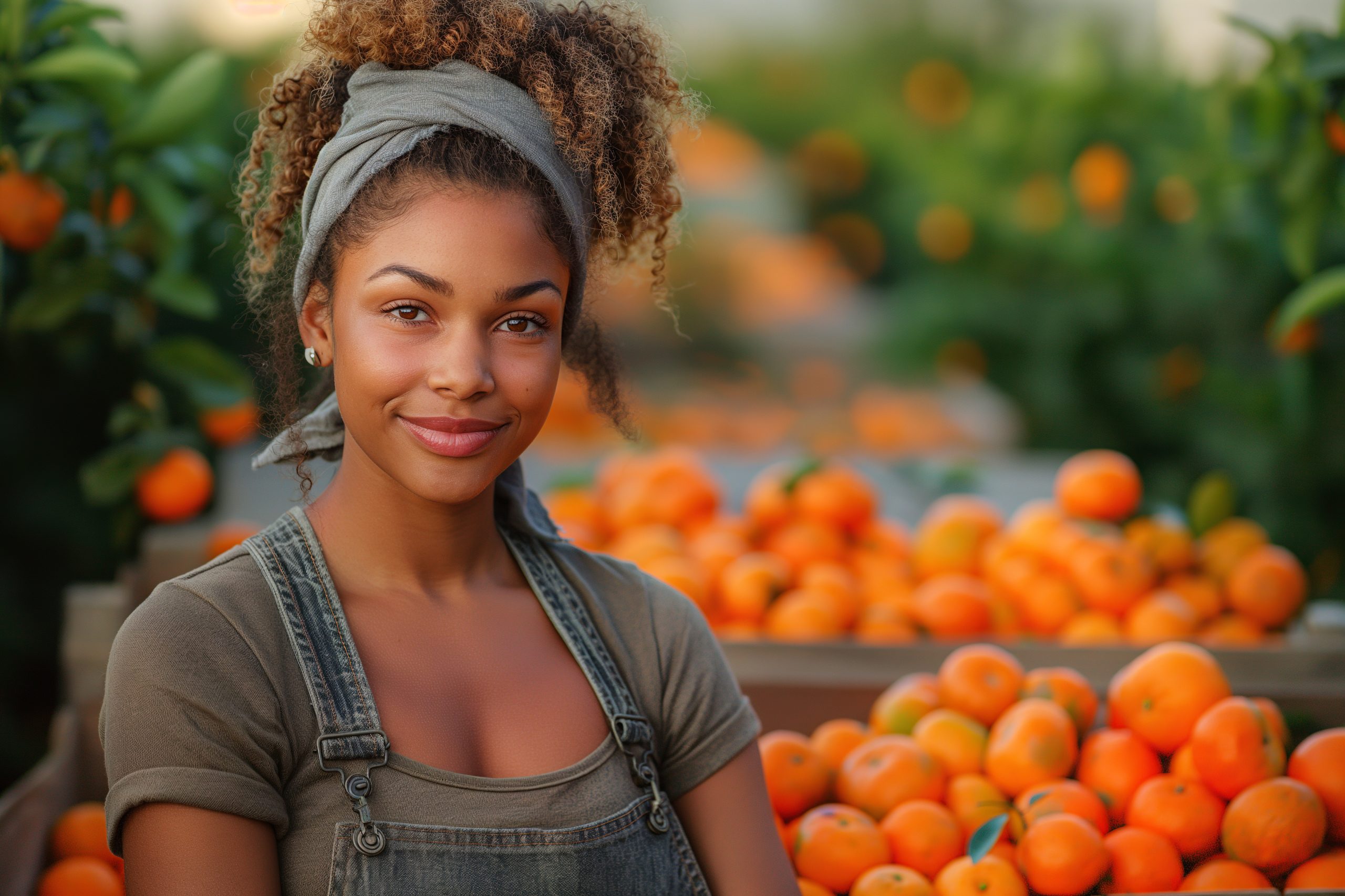 Woman smiling among harvested oranges